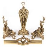 Louis XVI-Style Bronze Chenets and Fan-Form Fire Screen , c. 1900, chenet h. 21 in., w. (adjustable)