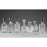 Set of Four Etched Glass Pump Decanters , labeled bourbon, gin, vodka, and scotch, h. 10 1/2 in.;