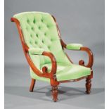 American Late Classical Mahogany Library Chair , mid-19th c., scroll-back crest rail, heavily