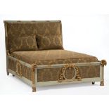 Louis XVI-Style Carved, Painted and Parcel Gilt Bed , sleigh form headboard with acanthus carved