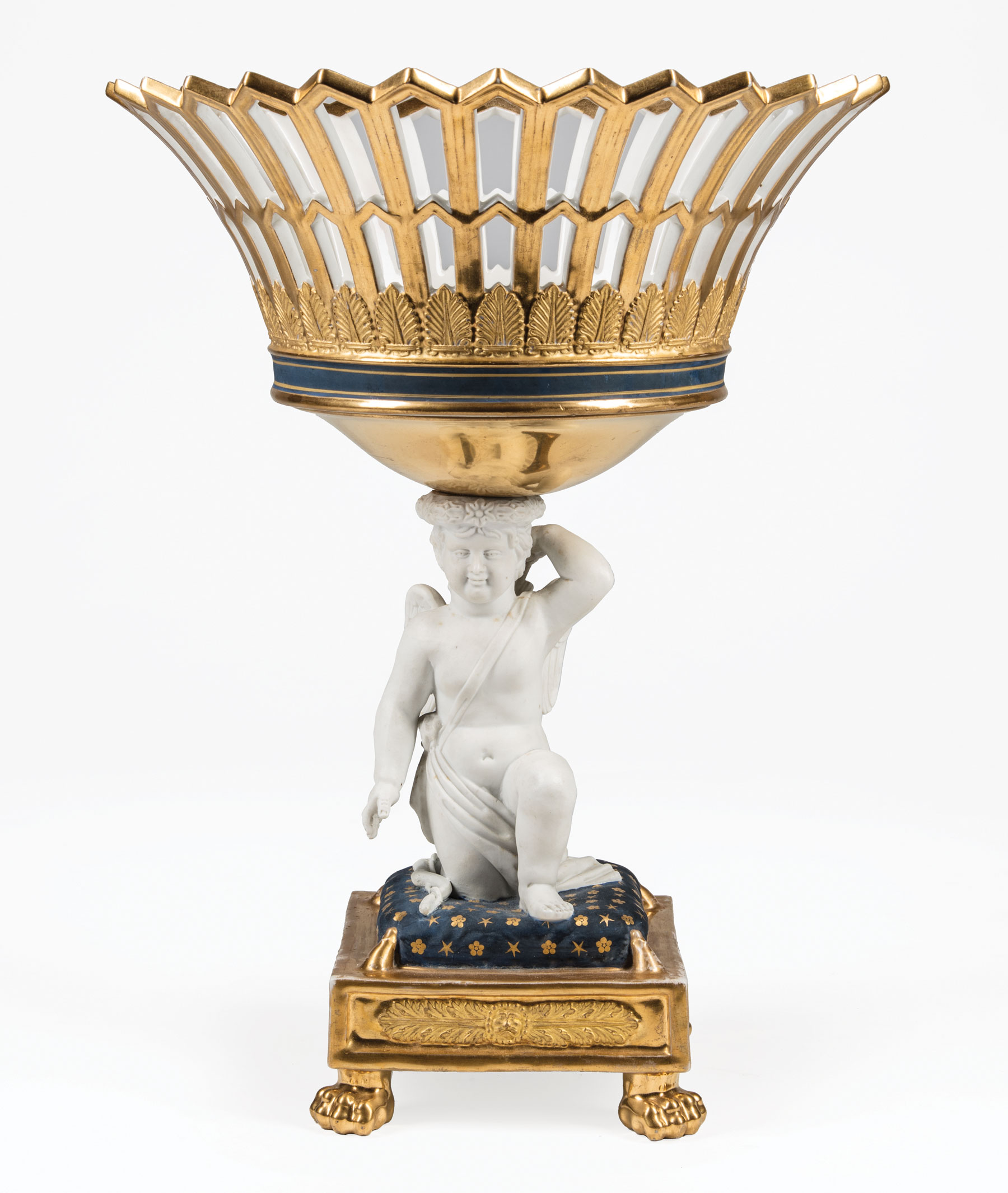 Paris Gilt, Bleu de Roi and Bisque Porcelain Corbeille , 19th c., modeled as Cupid kneeling on a