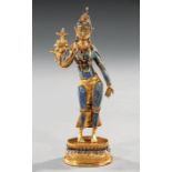 Tibetan Gem Embellished and Gilt Bronze-Mounted Lapis Lazuli Figure of Tara , modeled standing in