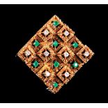 Vintage 18 kt. Yellow Gold Emerald and Diamond Brooch , 8 prong set round brilliant cut emeralds,