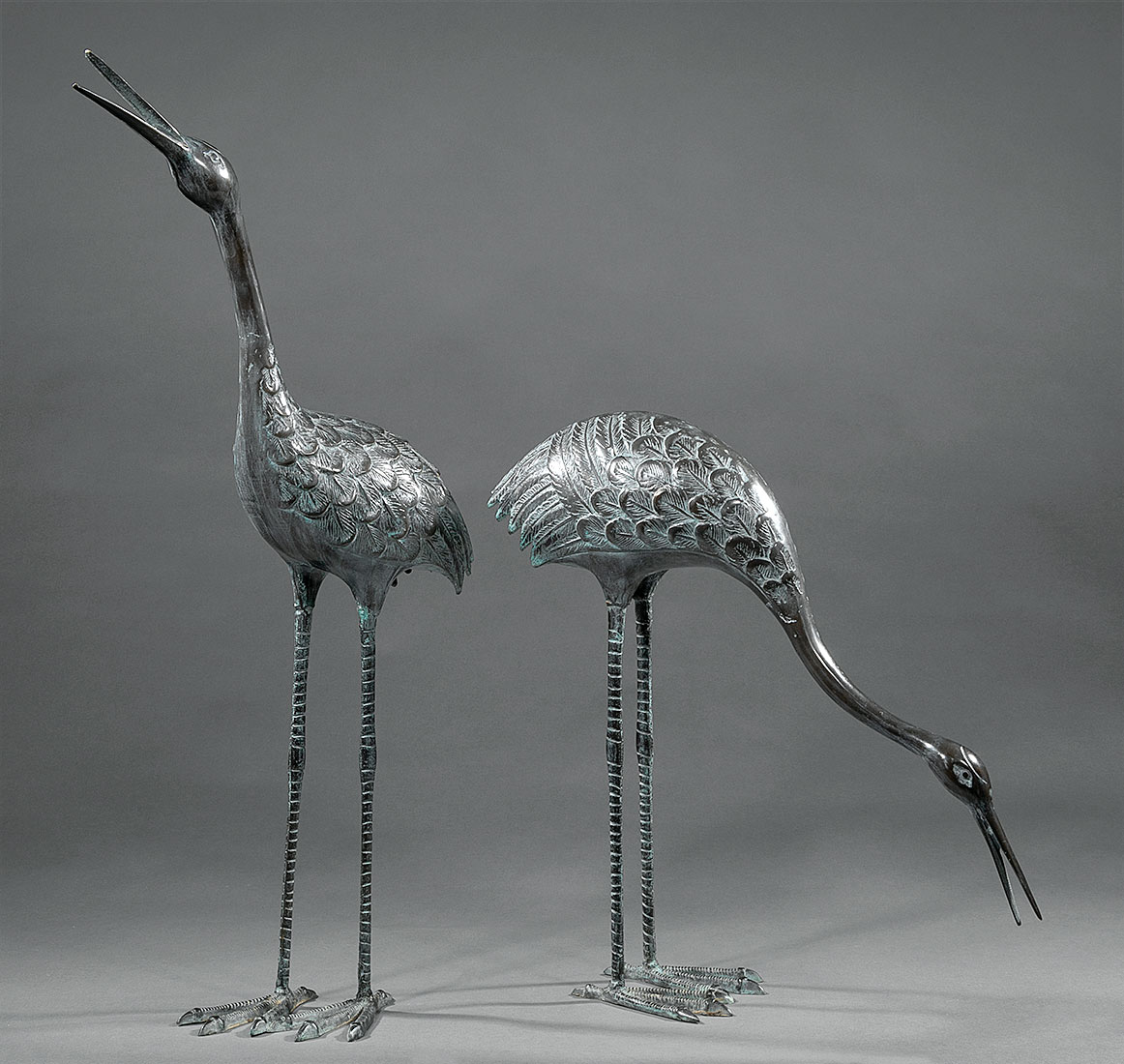 Pair of Patinated Bronze Cranes , taller h. 37 1/2 in