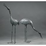 Pair of Patinated Bronze Cranes , taller h. 37 1/2 in