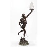 French Patinated Bronze and Marble Figural Lamp , c. 1920, figure of "Victoire", after Emile Louis