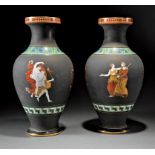 Pair of Neo-Grec Paris Porcelain Vases , early-to-mid 19th c., decorated with Attic-style warriors
