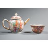 Chinese Export Mandarin Palette Porcelain Covered Teapot and Bowl , 18th c., Qianlong, each