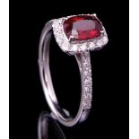 Platinum, Ruby and Diamond Ring , prong set oval mixed cut ruby, 7.41 x 5.08 x 3.24 mm, exact wt.