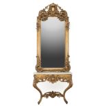 French Rococo Giltwood Pier Mirror and Console Table , mid-19th c., rocaille and cabochon crest with