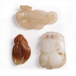 Three Chinese Jade Pendants , incl. fish-form, l. 2 1/4 in.; gourd and bat, l. 2 in.; and twin