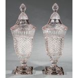 Pair of Diamond Point Glass Covered Sweetmeat Urns , spear finials, h. 15 1/4 in