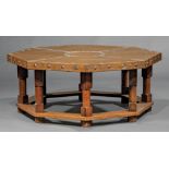 Decorative Copper-Mounted Oak Coffee Table , octagonal top, metal nailhead trim, baluster