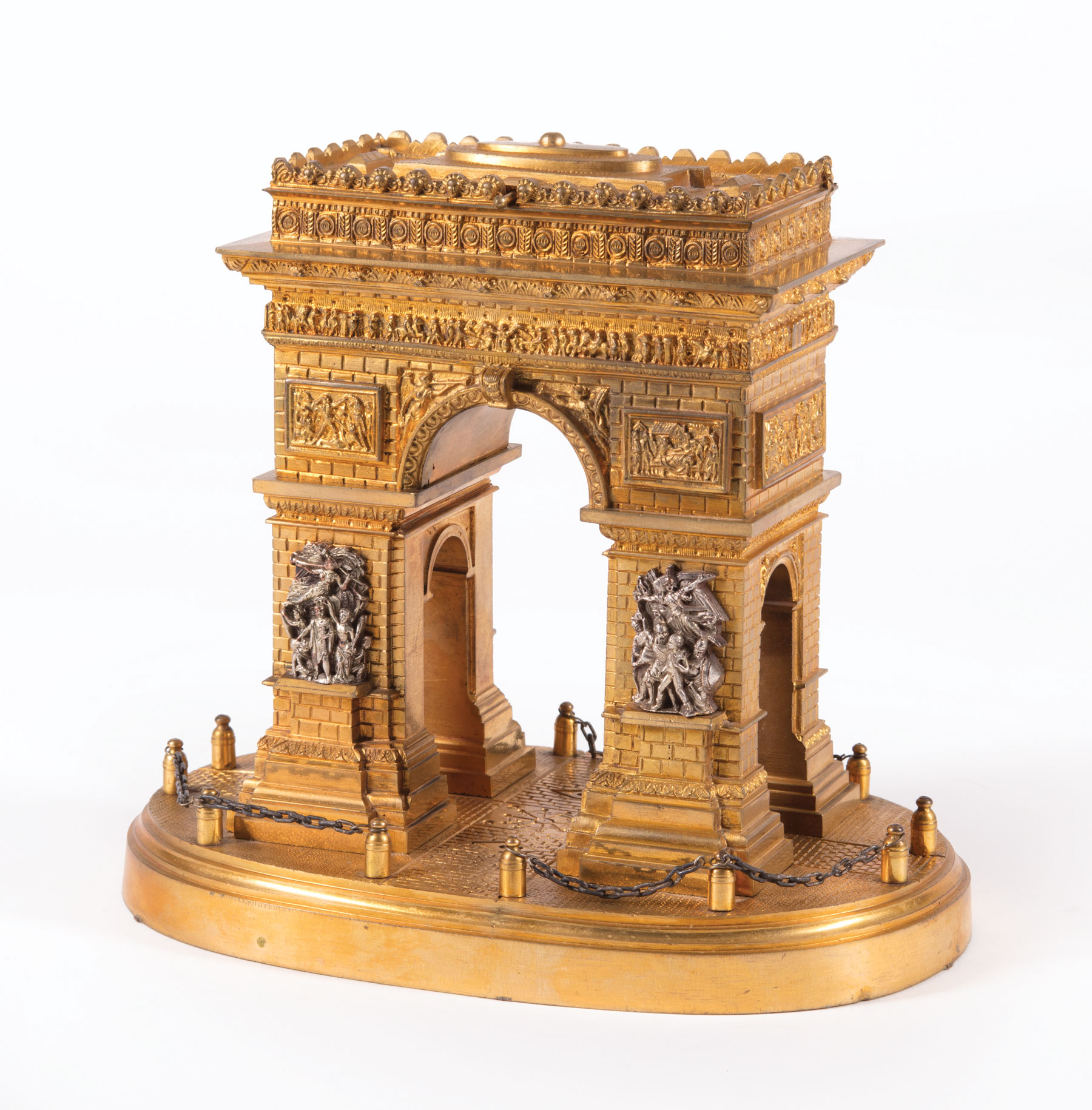 French Grand Tour Gilt Bronze Model of the Arc de Triomphe , mid-19th c., pediment with concealed - Image 4 of 5