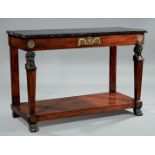Empire Bronze-Mounted Mahogany Console , 19th c., black marble top, Egyptianesque bust supports,