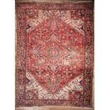 Antique Persian Carpet , red and cream ground, central medallion, 9 ft. 7 in. x 12 ft. 10 in .