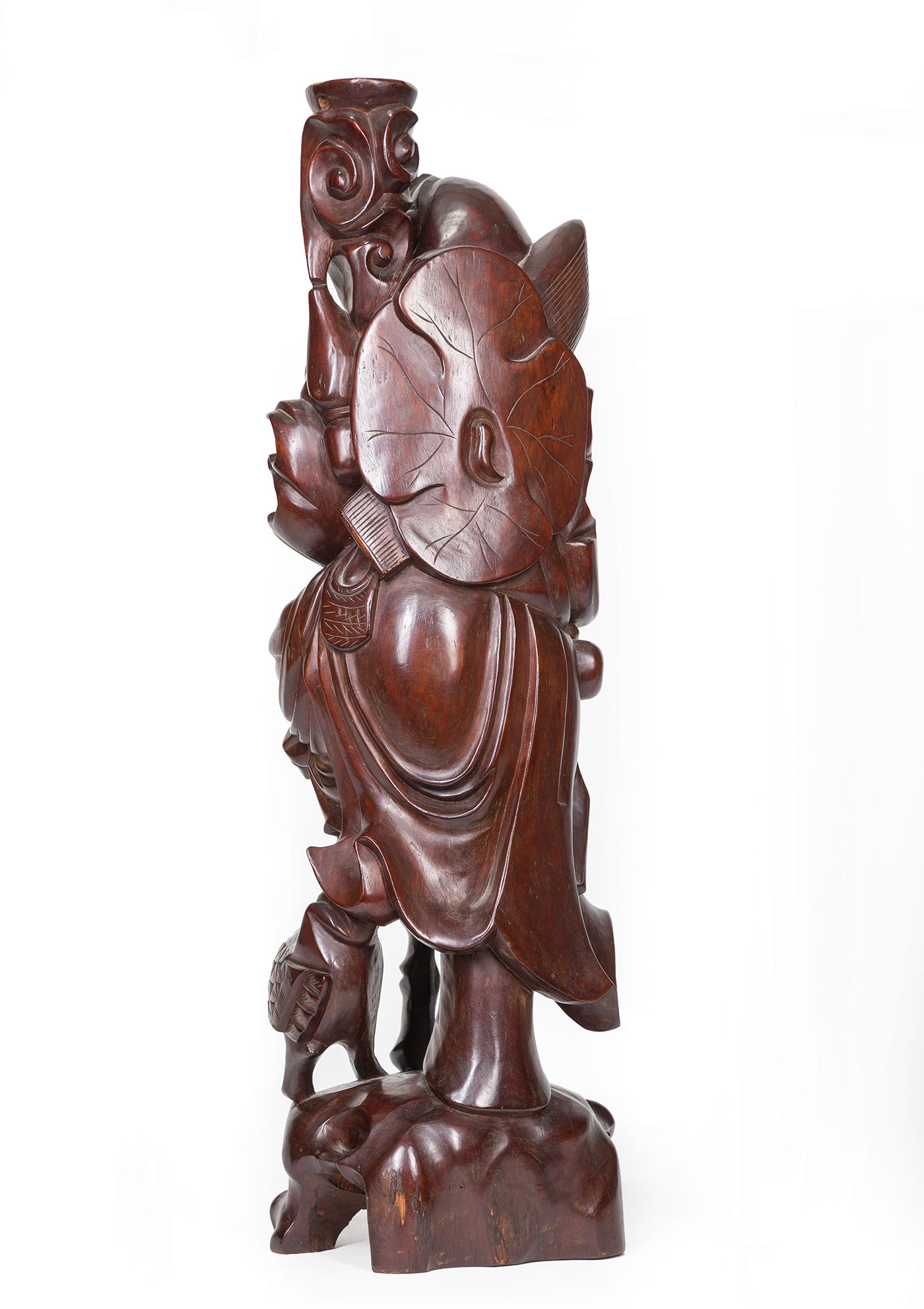 Chinese Hardwood Figure of a Luohan , carved leaning on a staff beside a bird at his feet with a - Image 2 of 2