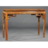 Chinese Carved Wood Altar Table , waisted rectangular inset plank top, rounded apron shaped