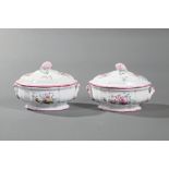 Pair of Luneville Faience Covered Tureens , marked, polychrome floral sprays, puce borders, pinecone