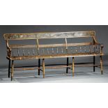 Antique American Painted and Stenciled Windsor Bench , shaped crest rail with floral decoration,