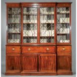 George III Inlaid Mahogany Breakfront Bookcase , early 19th c., upper case with molded cornice,