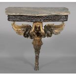 Antique Continental Bronze Console , serpentine marble top, winged putto standard, hoof feet, h.