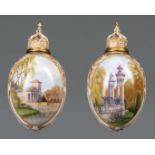Pair of Continental Polychrome and Gilt Porcelain Egg-Form Vessels with Stoppers , 19th c., possibly