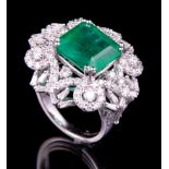 Platinum, Emerald and Diamond Ring , prong set rectangular step cut natural emerald, 11.39 x 10.81 x