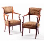 Pair of Directoire-Style Mahogany Fauteuils , back scrolled, padded back, scrolled arms, shaped
