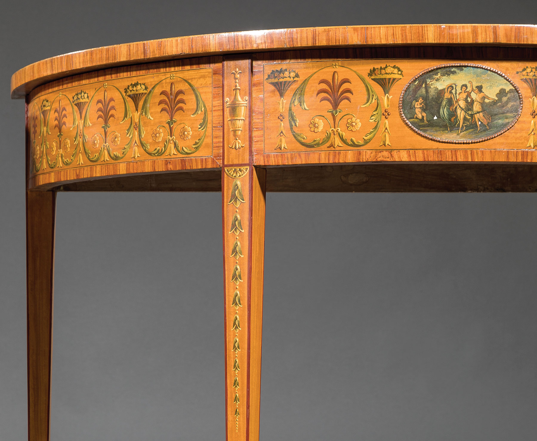 Pair of Edwardian Painted and Inlaid Satinwood Demilune Tables , early 20th c., Neoclassical motifs, - Image 4 of 5