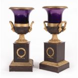 Pair of Empire-Style Russian or French Gilt and Patinated Bronze and Amethyst Glass Campagna , early