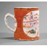 Chinese Export Mandarin Palette Porcelain Tankard , late 18th c., Qianlong, bamboo handle, painted