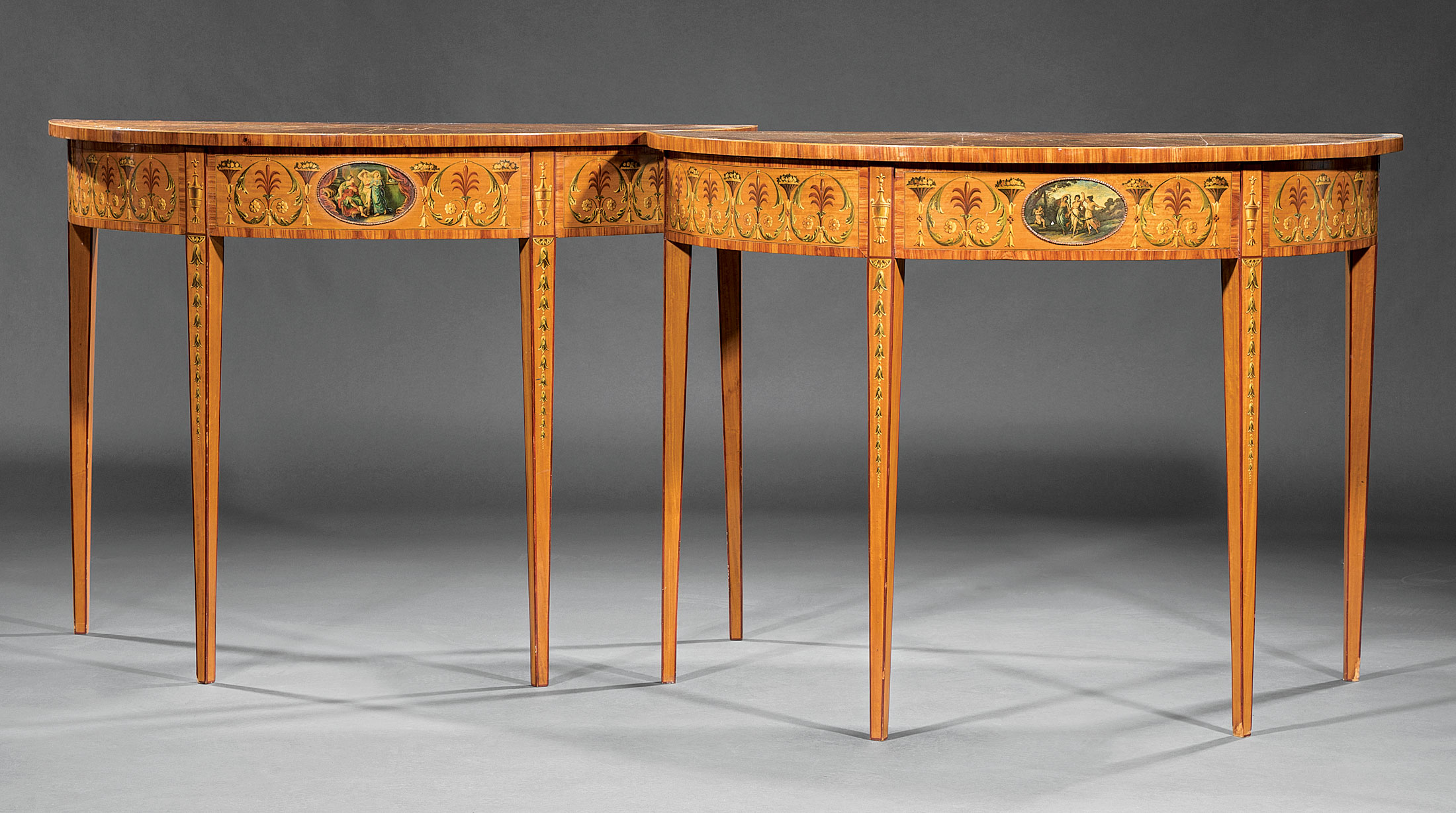 Pair of Edwardian Painted and Inlaid Satinwood Demilune Tables , early 20th c., Neoclassical motifs,