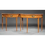 Pair of Edwardian Painted and Inlaid Satinwood Demilune Tables , early 20th c., Neoclassical motifs,