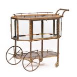 Continental Mahogany and Brass Drinks Cart , outswept handle, beveled glass case with fold-down