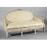Louis XVI Carved, Painted and Parcel Gilt Canape , 18th c., molded crest rail surmounted by a
