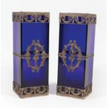 Pair of French Empire-Style Silvered Metal-Mounted Cobalt Glass Vases , probably early 20th c.,