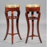 Pair of Antique Directoire-Style Brass-Mounted Mahogany Gueridons , galleried marble top, scrolled