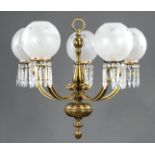 Pair of Continental Brass Five-Light Chandeliers , 19th c., vasiform standard, scroll arms, prism