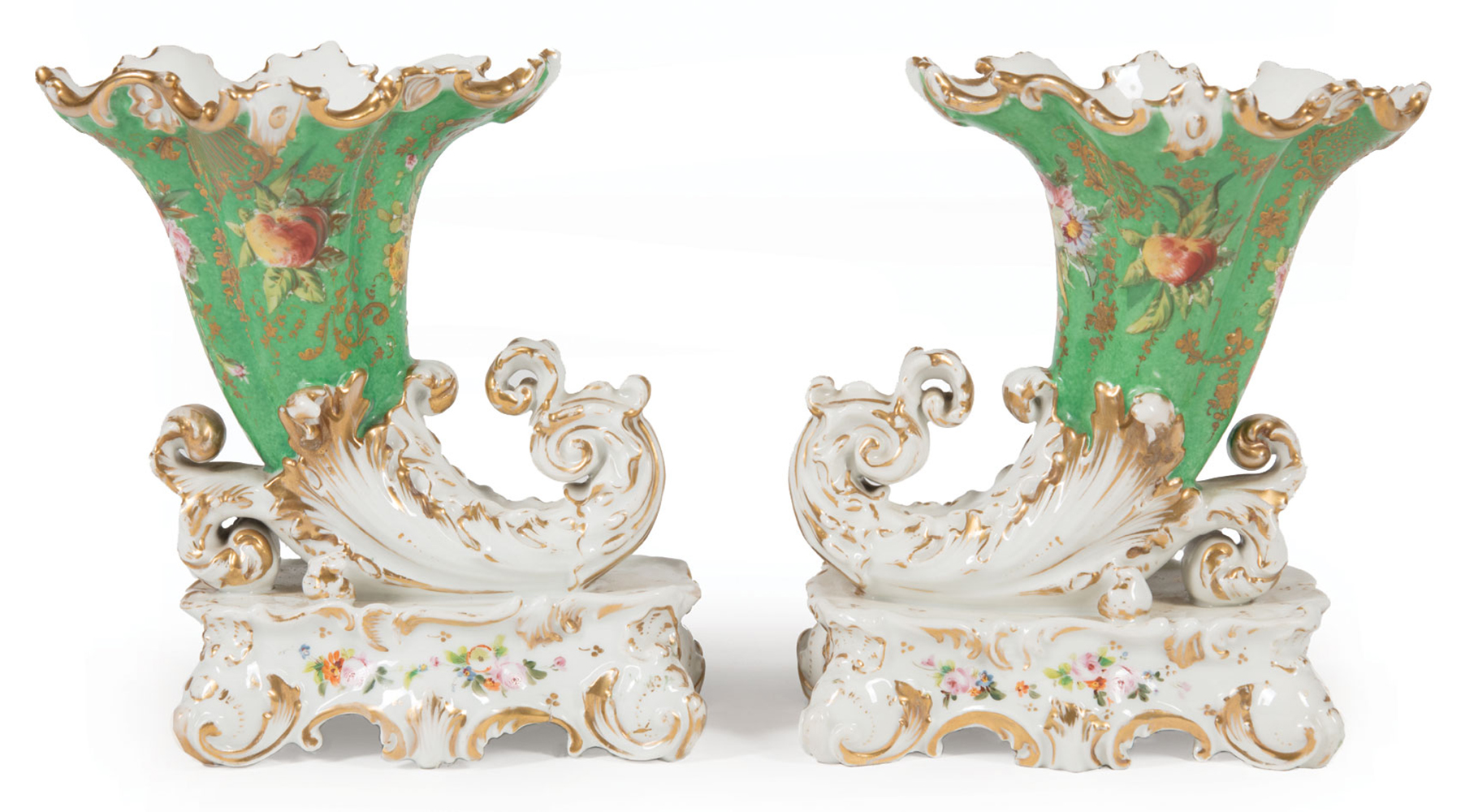 Pair of Jacob Petit Paris Polychrome and Gilt Porcelain Rhyton Vases , 19th c., bases marked "JP",