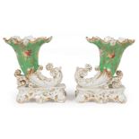 Pair of Jacob Petit Paris Polychrome and Gilt Porcelain Rhyton Vases , 19th c., bases marked "JP",