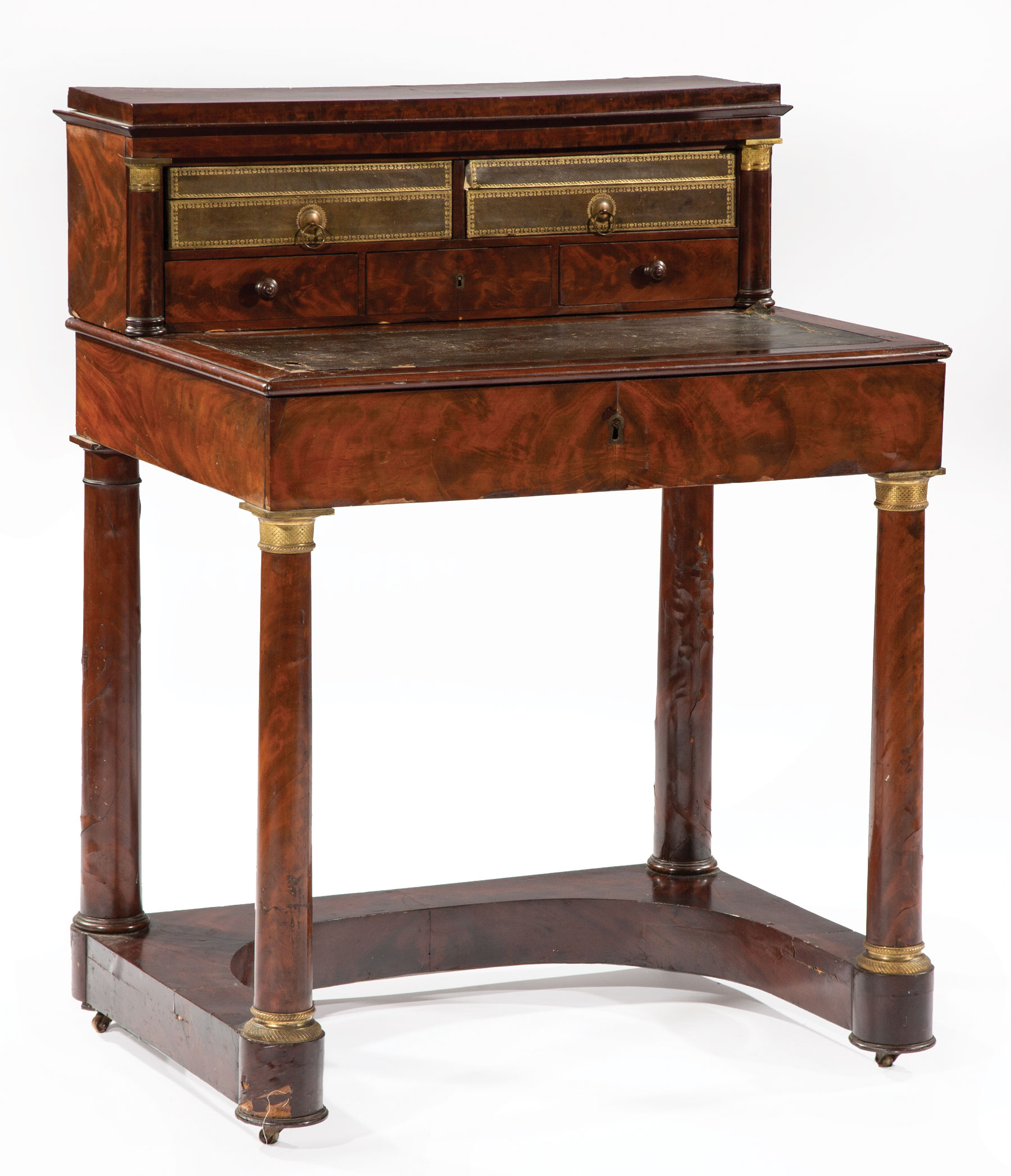 Empire Bronze-Mounted Mahogany Bureau , early 19th c., fitted superstructure, leather writing