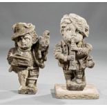Pair of English Carved Gritstone Figures of Ratcatchers , 18th c., one as the Pied Piper playing the