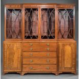 George III-Style Inlaid Mahogany Breakfront Secretary-Bookcase , stepped cornice, glazed doors,