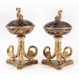 Pair of Derby Cobalt and Gilt-Decorated Porcelain Covered Master Salts , c. 1806-25, marked, dolphin