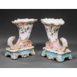 Pair of Paris Polychrome and Gilt Porcelain Rhyton Vases , mid-19th c., base of one with old