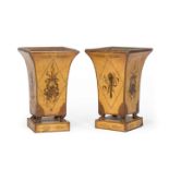 Pair of French Tole Peinte Jardinieres , alternating musical trophee and torch reserves, paw feet,