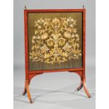 Regency Inlaid Satinwood Firescreen , 19th c., urn finials, embroidered silk panel, sabre legs, h.