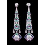 Pair of Art Deco-Style Platinum, Ruby, Sapphire, Emerald and Diamond Dangle Earrings , 2 larger drop