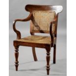 Anglo-Colonial Carved Tropical Hardwood Armchair , 19th c., shaped crest rail, caned back and